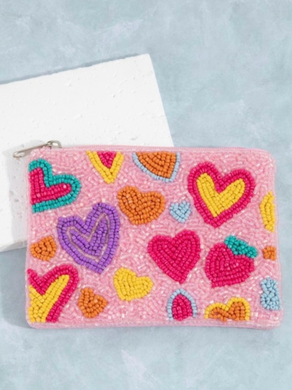 Beaded Heart Zip Pouch - Pink Multicolor - Picture 2 of 5